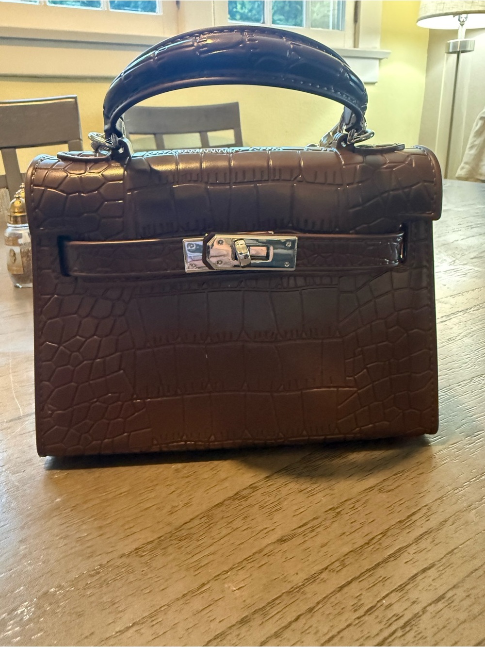 Structured Croc-Embossed Top Handle Satchel - Brown